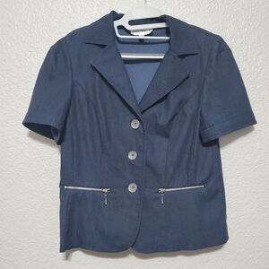 Studio I Blue Short Sleeve Button Up Flat Collar Blazer Top Women's Size 8
